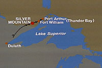 Drawing of map of Northwestern Ontario, Canada, showing where Silver Mountain is geographically located.